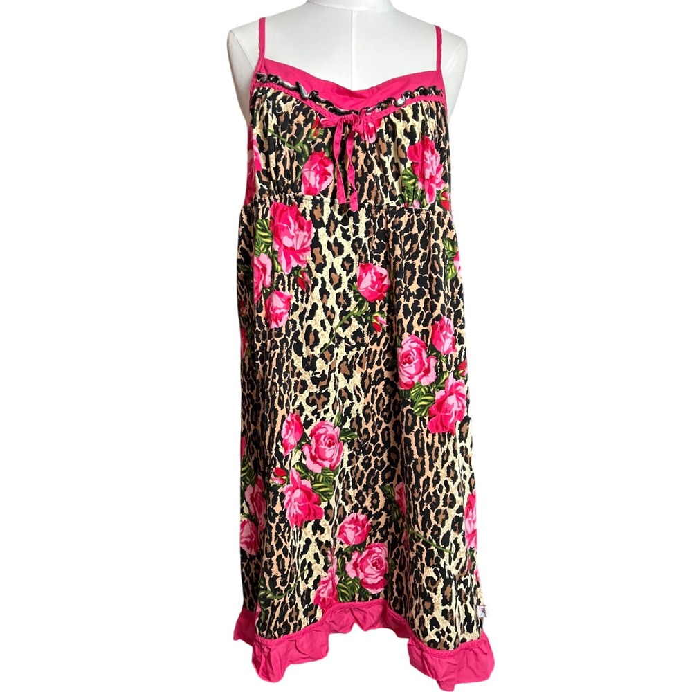 Nick & Nora Pink Rose Leopard Print Nightgown Sleepwear Chemise L Coquette Girly